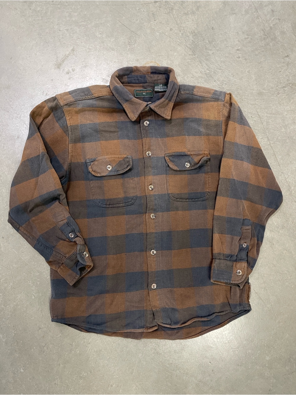 Field & Stream Brown Gray Plaid Flannel Shirt Jacket L Heavy Outdoor Gorpcore